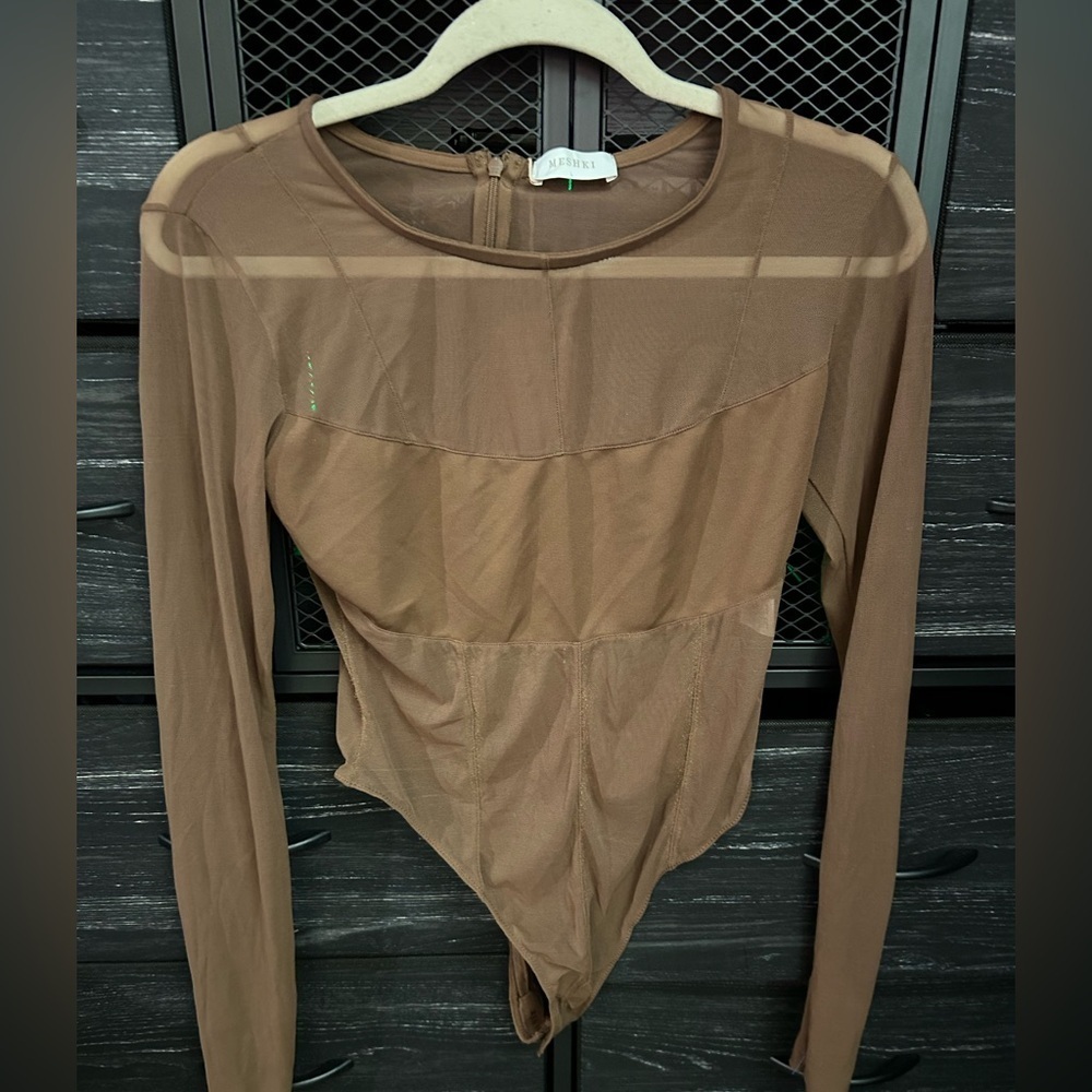 Meshki Chocolate Color Tarna Long Sleeve Mesh Bodysuit Size Large